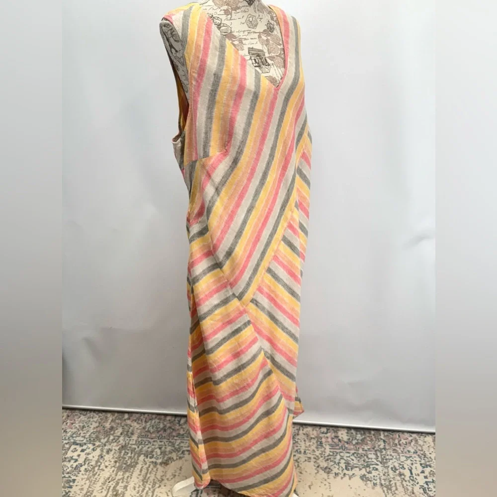 PURE JILL Pink, gray & yellow Linen sleeveless V neck maxi sundress size 3X - Picture 10 of 16
